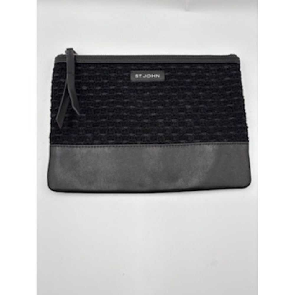 St John Clutch Bag Black Woven Knit Leather‎ Trim Quiet Luxury Purse Classic